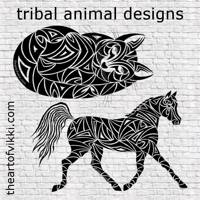 black and white tatto style tribal animals by theartofvikki